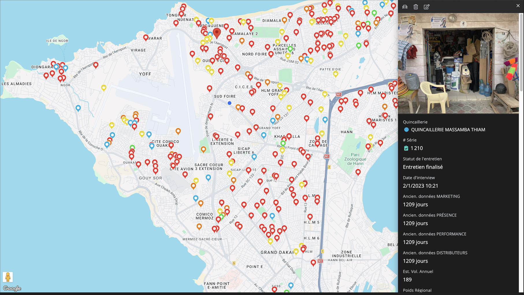 Binex field application on a tablet: interactive map with geolocated points of sale